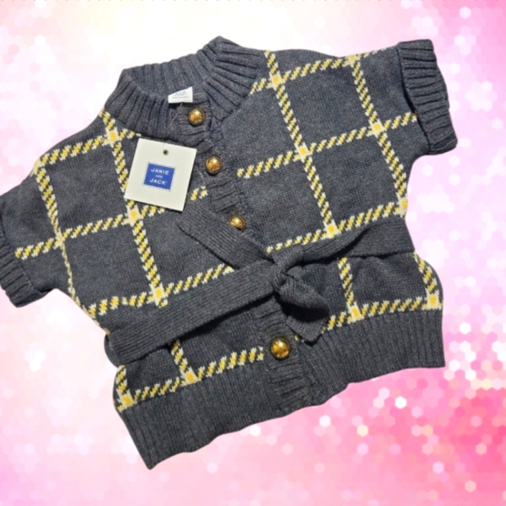 Janie and Jack Baby Girls Windowpane Belted Sweater Gray Size 3-6 months